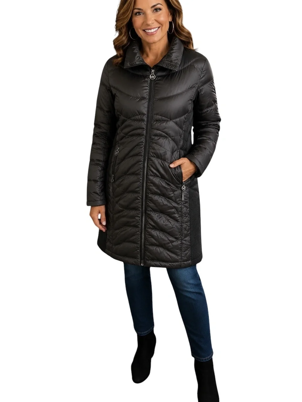 Michael Kors Quilted Long Puffer Coat Side Panel Detail SZ L